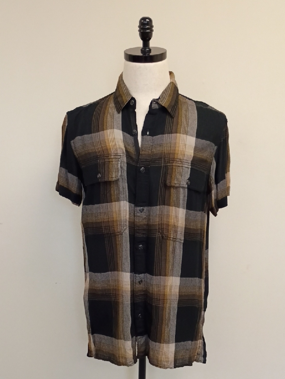 Treasure & Bond Black Brown Plaid Rayon Button Shirt Size Small & Medium